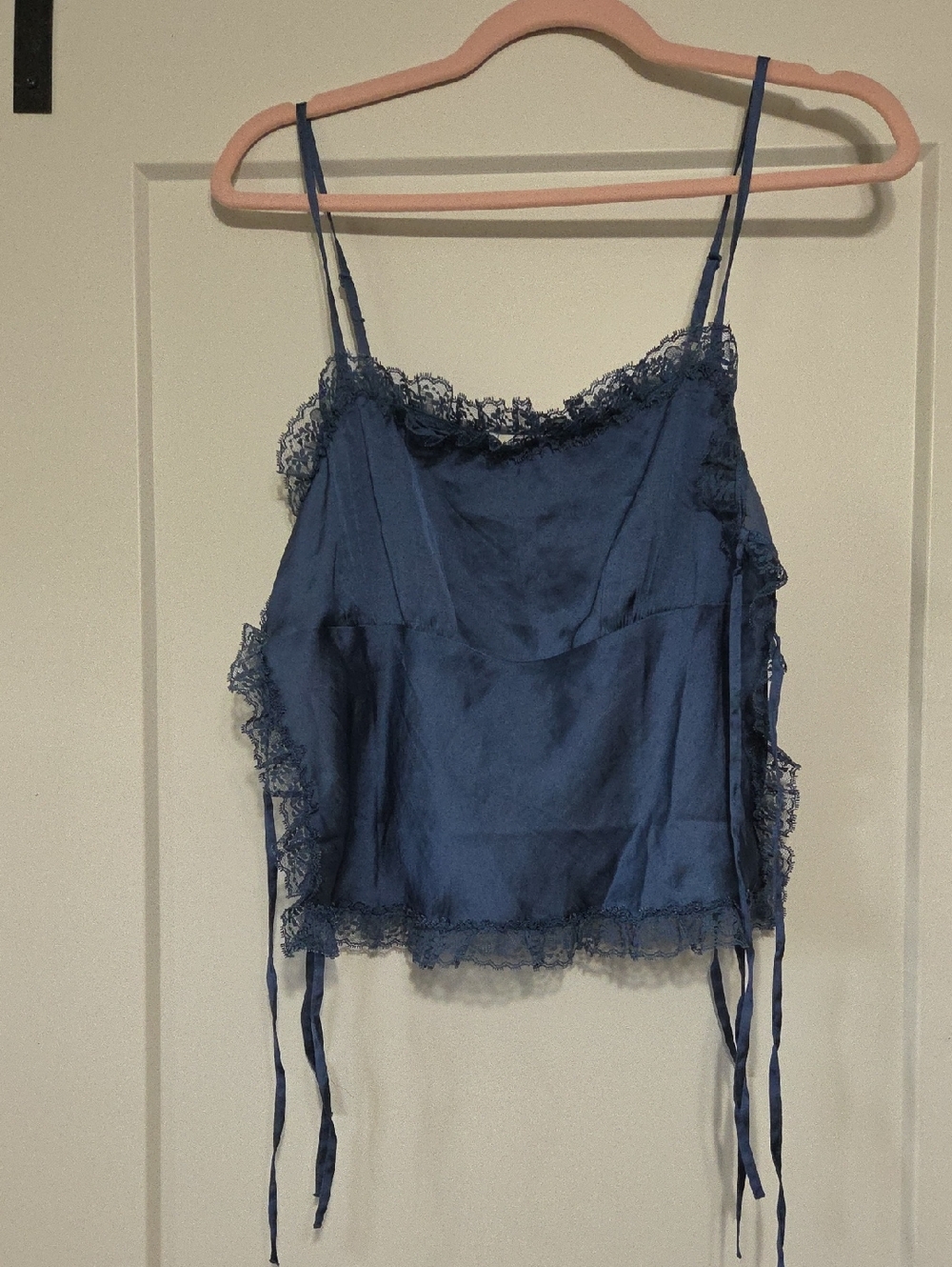 Blue Lace-Trim Satin Camisole Top